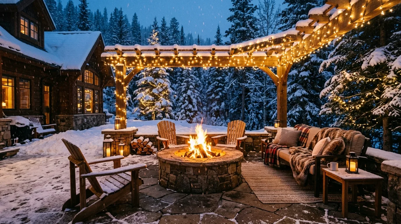 Use layered heights in the planting for a fuller winter look inspiration for an outdoor winter patio.